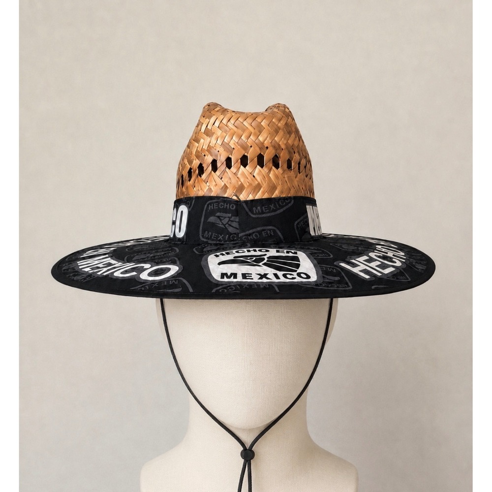 Hecho en Mexico Straw Lifeguard Sun Hat Wide Brim Eagle Logo Tan Black One Size - Picture 3 of 11